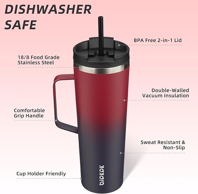 BJPKPK Insulated Tumbler with Handle, 30oz Insulated Tumblers with Lid and Straw, Stainless Steel Metal Water Bottles, Coffee Travel Mugs, Cups, Charming Red