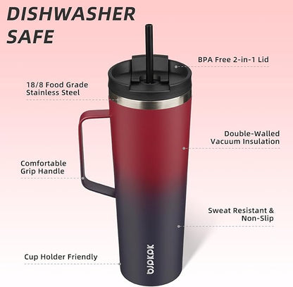BJPKPK Insulated Tumbler with Handle, 30oz Insulated Tumblers with Lid and Straw, Stainless Steel Metal Water Bottles, Coffee Travel Mugs, Cups, Charming Red