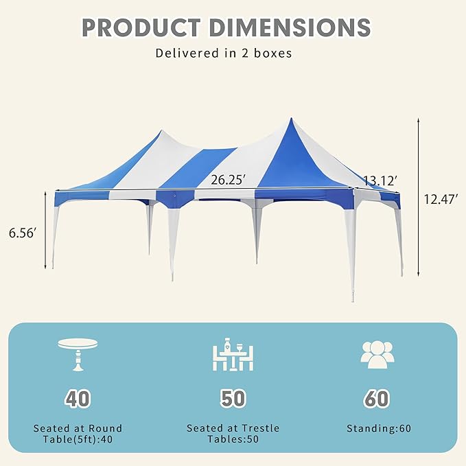 EROMMY 13x26ft Party Tent, Heavy Duty Double Peaked Canopy with Pole-Less Event Space, 60 Person Capacity Wedding Tent for Party & Event, White & Blue
