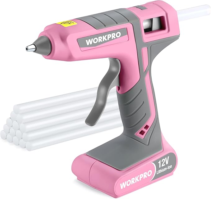 WORKPRO Full Size Cordless Hot Melt Glue Gun - 12V Rechargeable Fast Preheating Glue Gun Kit with 15pcs Full Size Glue Sticks, Auto Power-off Glue Gun for DIY Project, Art, Craft - Pink Ribbon