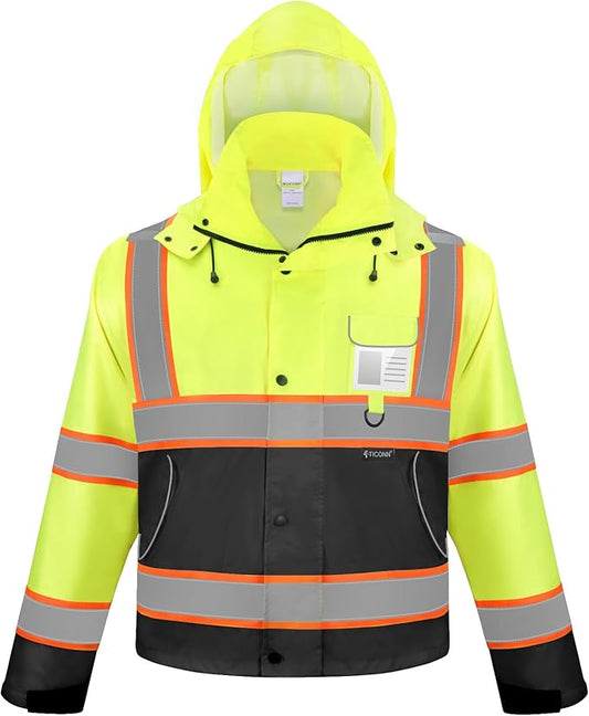 TICONN Reflective Rain Jacket Safety Jacket, Waterproof Hi Vis Rain Coat, Class III High Visibility Coat (Yellow&Black, S)