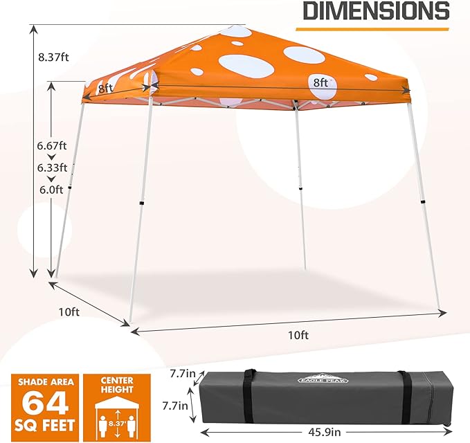 EAGLE PEAK 10x10 Slant Leg Pop-up Canopy Tent Easy One Person Setup Instant Outdoor Beach Canopy Folding Portable Sports Shelter 10x10 Base 8x8 Top (Orange Mushroom)