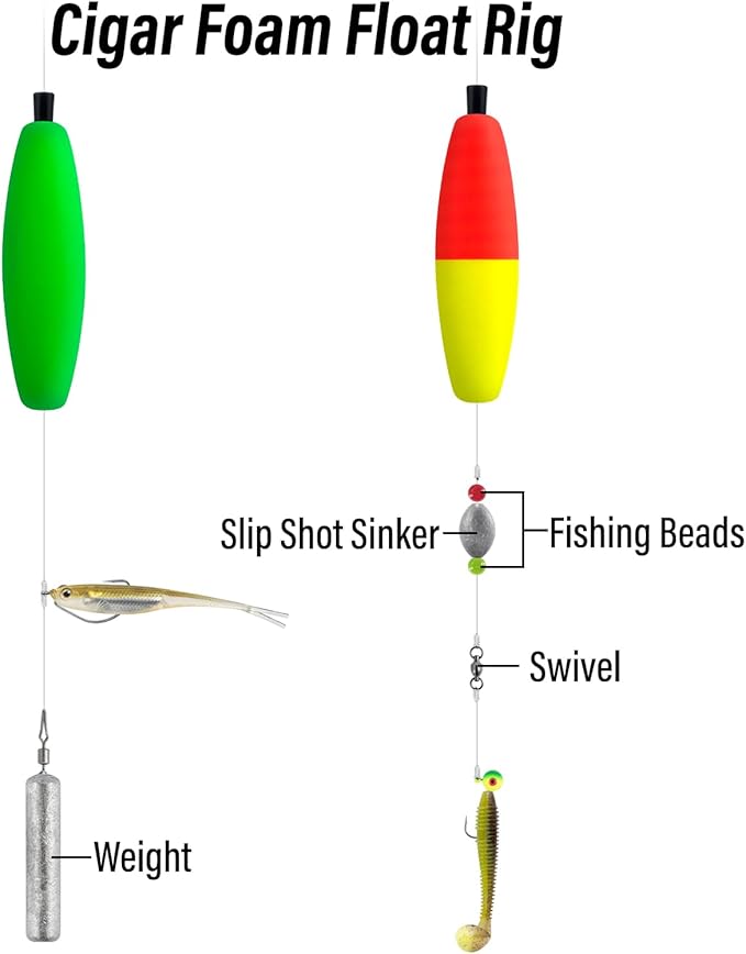 Dr.Fish 15 Pack Fishing Float Cigar Foam Bobbers Peg Floats Slip Fishing Corks Bobber for Santee Catfish Rig Crappie Freshwater Saltwater