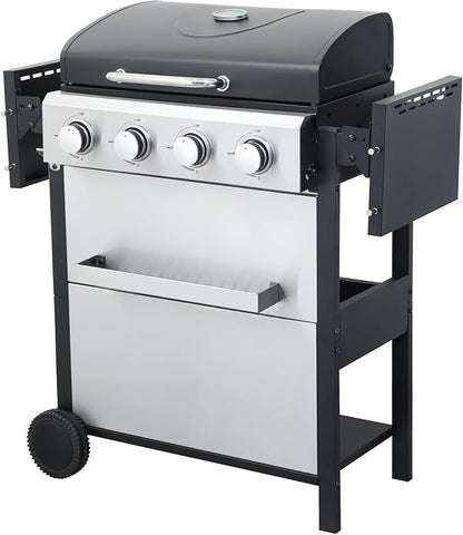 4-Burner Propane Gas BBQ Grill, 34200BTU Output With Wire Enamel Cooking Grids For Outdoor Barbecue, Foldable Side Table, Hanging Basket, Stainless Steel