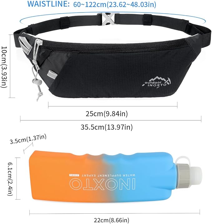 INOXTO Slim Running Belt Fanny Pack for Women and Men Sports Waist Bag Pack with 300ml Water Bottle for Running Walking Cycling Hiking Reflective Running Pouch Belt for All Phones (Black)