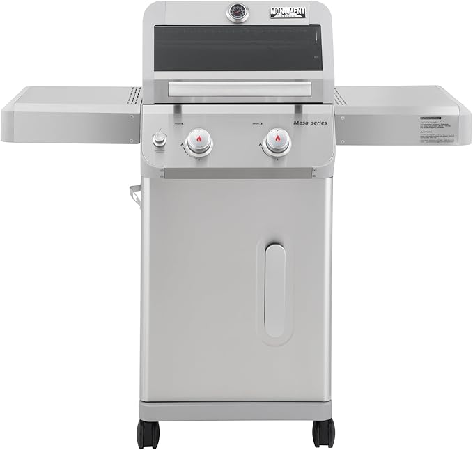 Monument Grills 2-Burner Stainless Steel Liquid Propane Gas Grill, Two Foldable Shelves Patio Garden Barbecue Grill with Clearview® Lid, Knob Control, Mesa200S with BBQ Cover
