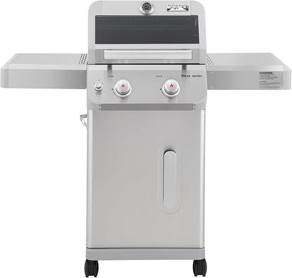 Monument Grills 2-Burner Stainless Steel Liquid Propane Gas Grill, Two Foldable Shelves Patio Garden Barbecue Grill with Clearview® Lid, Knob Control, Mesa200S with BBQ Cover