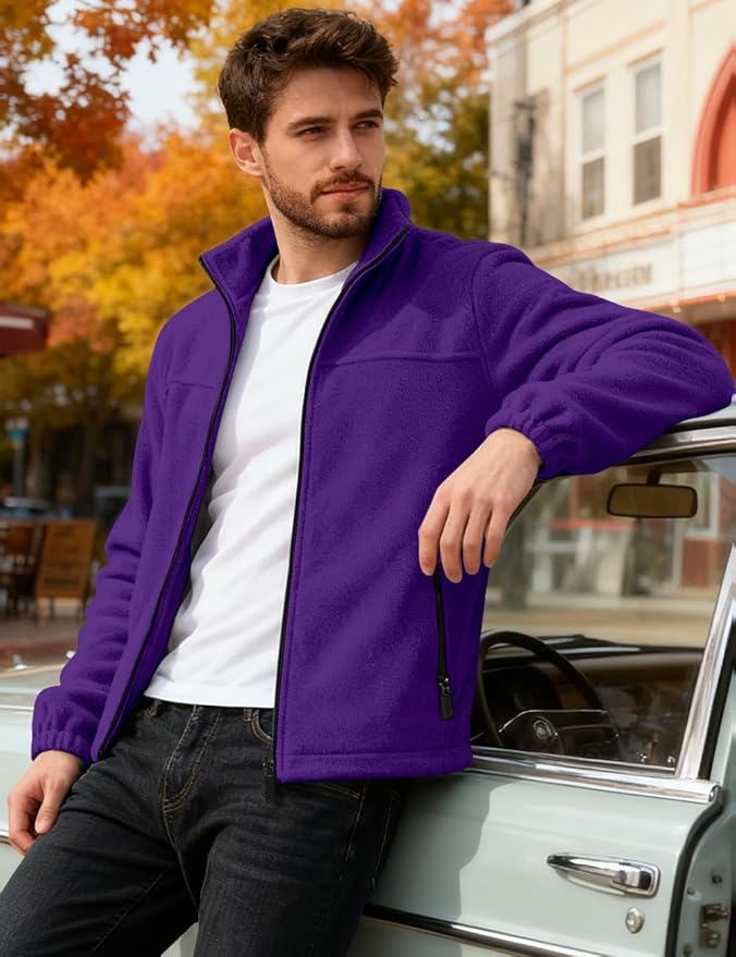 Mens Polar Fleece Jacket Full Zip Lightweight Casual Outdoor Jackets Stand Collar Warm Coats with Pockets