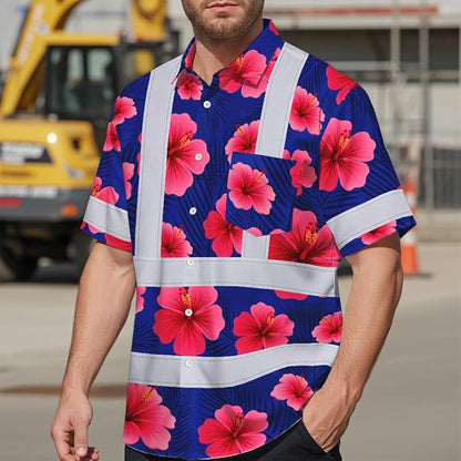 High Visibility Hawaiian Shirt for Men Tropical Shirts Custom Name Floral Outfit Reflective Safety Workwear