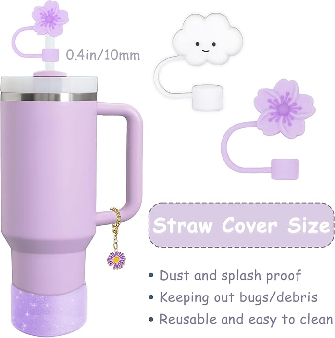 Stanley Cup Accessories Set,Including 2 Pcs 0.4in Straw Cover, 1 Silicone Spill-Proof Stopper Set of 3, 1 Cute Purple Flower Handle Charm, 1 Silicone Boot Fits Stanley 40&30 Oz Tumbler (Purple)