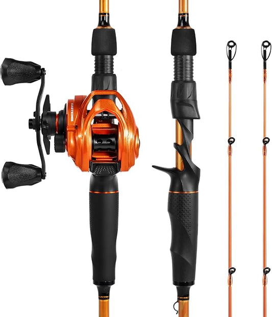 KastKing Lethal Blaze Twin-tip Fishing Rod and Reel Combo, Spinning & Baitcaster Combo, Flame Pattern Design, IM6 Graphite 2Pc Rod with Backup Tip Section, Stainless-Steel Guides, EVA Handle