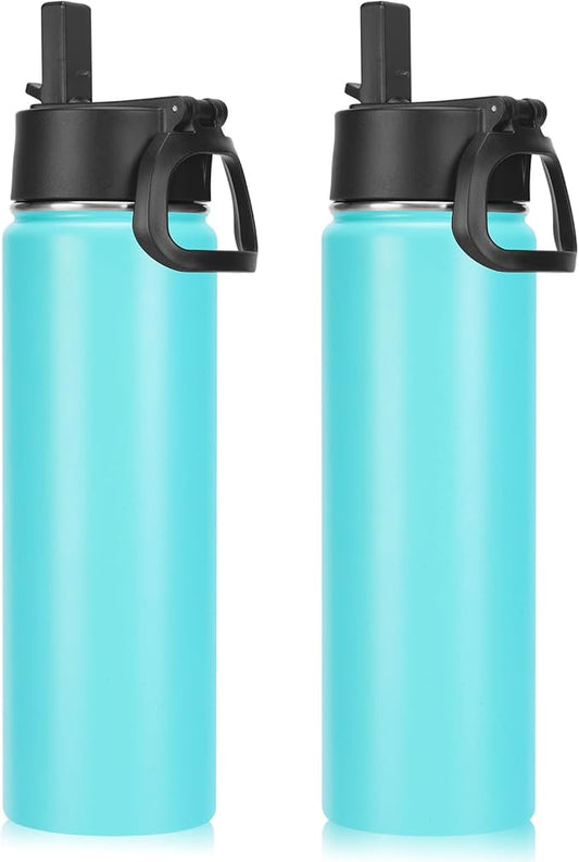 Neihepal 22 oz Insulated Water Bottles with Leak Proof Straw Lid, Wide Mouth Double Walled Vacuum Stainless Steel Metal Water Bottle (Mint,2 Pack)