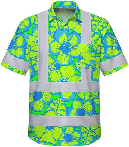 High Visibility Hawaiian Shirt for Men Tropical Shirts Custom Name Floral Outfit Reflective Safety Workwear