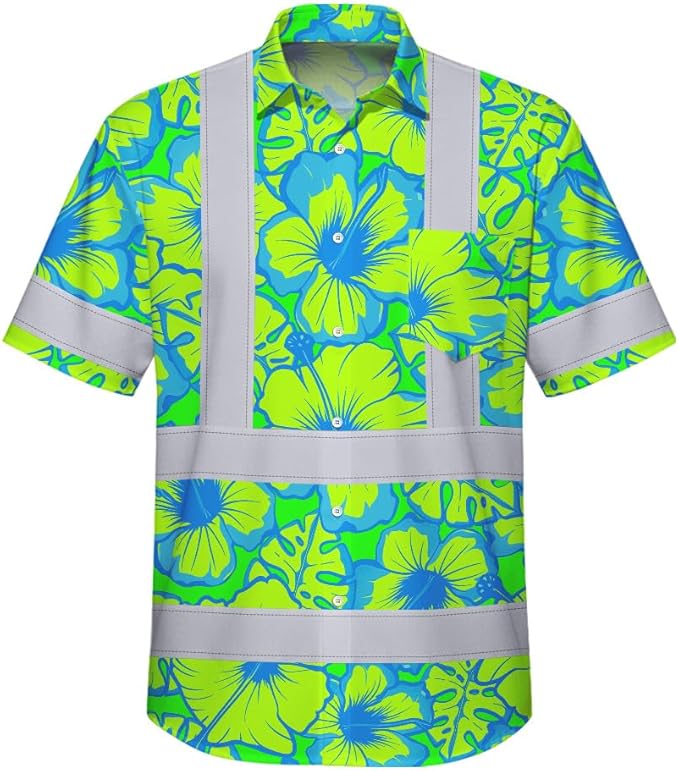 High Visibility Hawaiian Shirt for Men Tropical Shirts Custom Name Floral Outfit Reflective Safety Workwear
