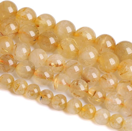 8MM 45PCS Natural Stone Golden Rutile Quartz Beads Gemstone 2A Grade Actinolite Semi Precious Crystal Loose Beads for Jewelry Making DIY Bracelet Necklace 1 Strand