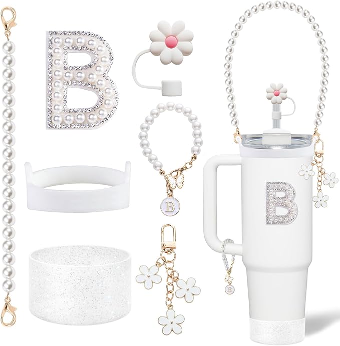 Cup Accessories Set for Stanley- Including Water Bottle Carrying Pearl Strap, Handle Letter Charms Sticker, Siliocne Cup Boot Straw Cover for Stanley 40oz & 30oz Tumbler Accessory Kit B