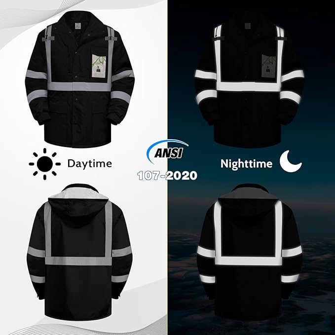 Reflective Jackets for Men, High Vis Safety Work Jacket with Pockets, Construction Coats for Cold Weather, Waterproof Rain Gear, Class 3, Black Long, L