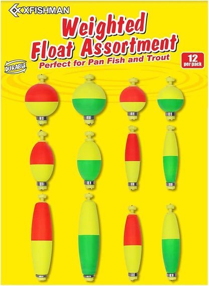 XFISHMAN Weighted-Bobbers-for-Fishing-Floats-Bouy Slip Bobber Fishing Corks Kit Crappie Bluegills Panfish Catfish Hand Made Foam Float 1 Inch 2 in 8-12 Pack