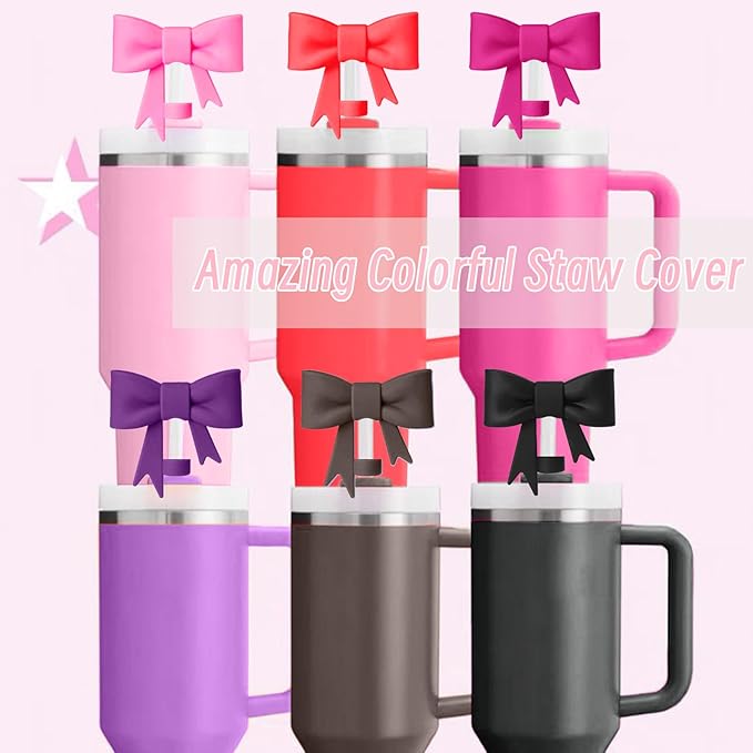 6Pcs Silicone Straw Toppers Covers for Stanley Cups 40/30oz 10mm(0.4in) Black Dust-Proof Bow Straw Covers Toppers Dark Purple Suitbale for Stanley Cup Accessories Reusable Straws Caps