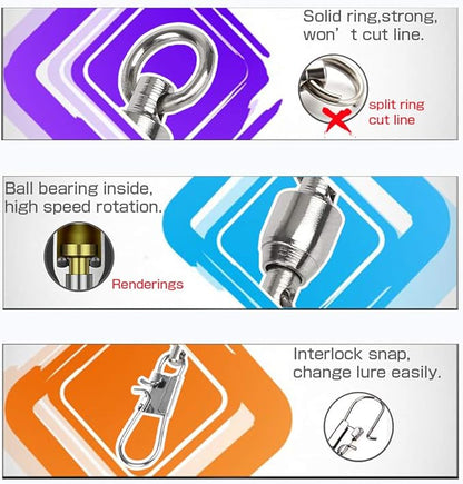 AMYSPORTS Fishing Swivels with Interlock Snap Ball Bearing Swivels Fishing Snap Swivels Saltwater Freshwater Fishing Tackle Leader Lure Jigs Line Fishing Connector