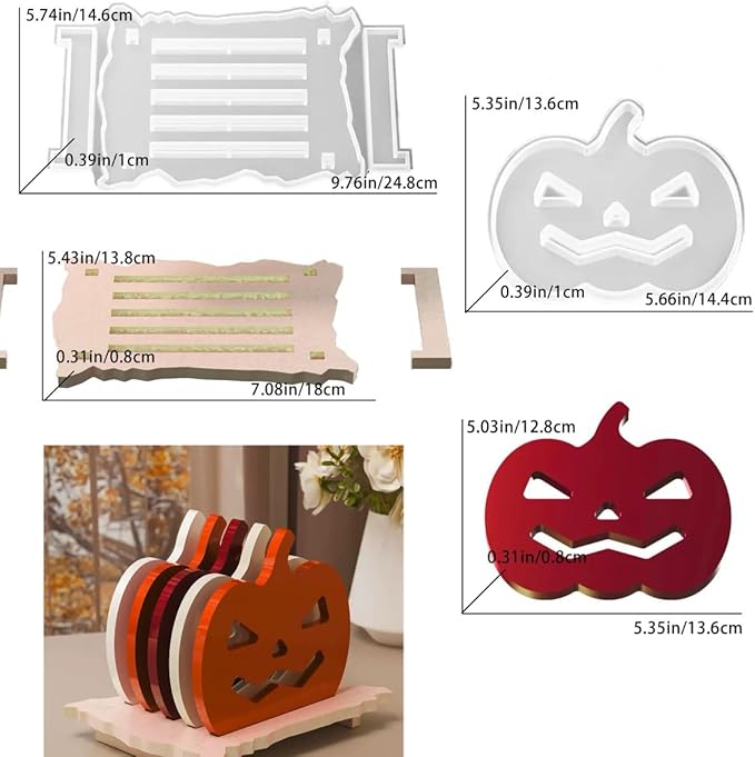 6 Pcs Pumpkin Epoxy Coaster Resin Molds Silicone with Holder, Halloween Pumpkin Coaster Molds Holder Set for Epoxy Resin, DIY Art Craft Cup Mats
