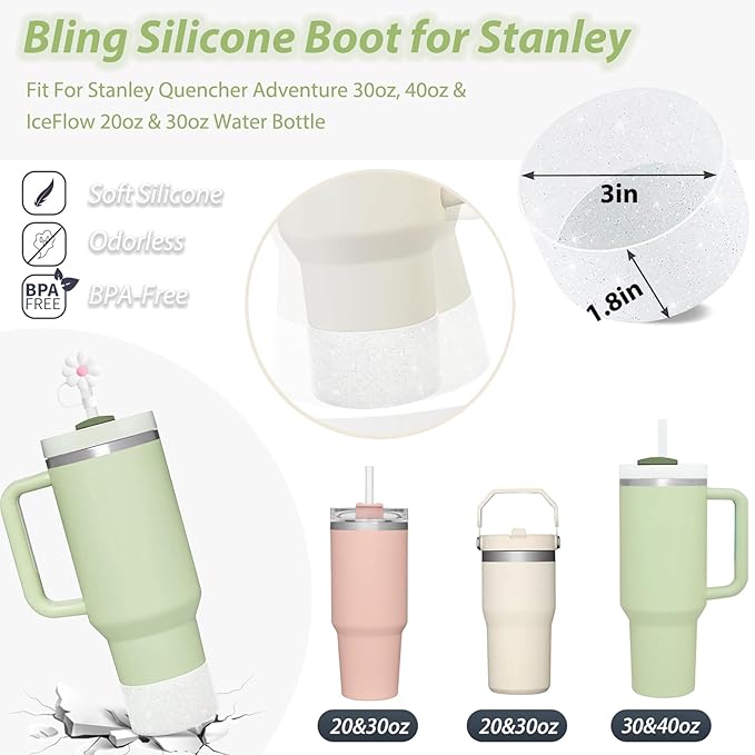 Stanley Cup Accessories Set Including 6 Pcs Silicone Spill Proof Stopper, 3 Pcs 10mm Flower Straw Cover Cap, 1 Pcs Bling Silicone Boot Sleeve for Stanley Cup 40oz & 30oz Tumbler