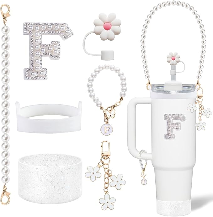 Stanley Cup Accessories Set - Including Water Bottle Carrying Pearl Strap, Handle Letter Charms Sticker, Silicone Cups Boot Straw Cover for 40oz & 30oz Tumbler Accessory Kit