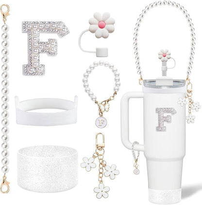 Stanley Cup Accessories Set - Including Water Bottle Carrying Pearl Strap, Handle Letter Charms Sticker, Silicone Cups Boot Straw Cover for 40oz & 30oz Tumbler Accessory Kit