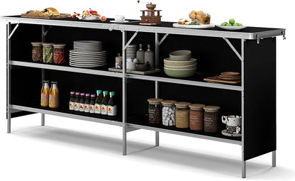 GOFLAME Folding Camping Table, Aluminum Portable Picnic Table w/ 2-Tier Open Shelves & Spacious Tabletop, Carrying Bag Included, Outdoor Large Kitchen Table for Picnic, BBQ, Party, Backyard (Black)