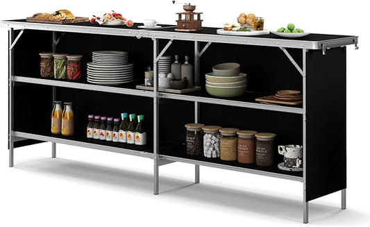 GOFLAME Folding Camping Table, Aluminum Portable Picnic Table w/ 2-Tier Open Shelves & Spacious Tabletop, Carrying Bag Included, Outdoor Large Kitchen Table for Picnic, BBQ, Party, Backyard (Black)