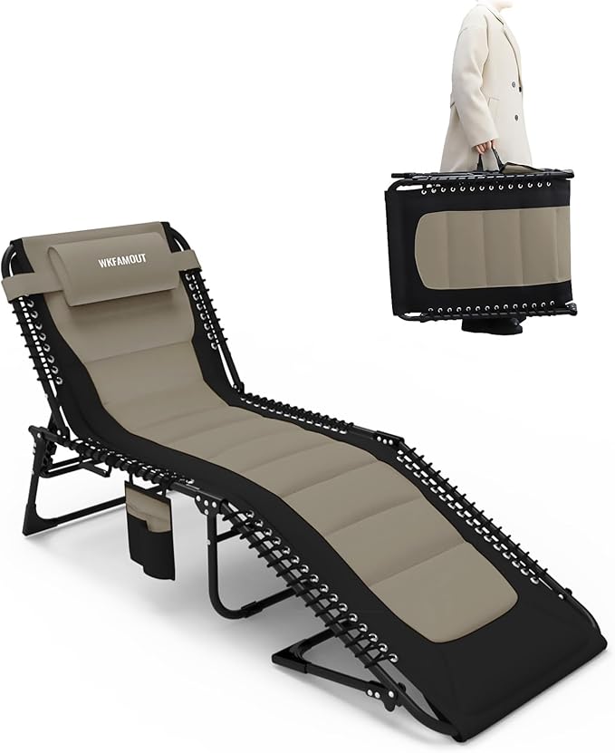 Outdoor Folding Lounge Chair Padded for Adults 264Ibs Patio Chaise Lounge Chair for Outside Adjustable 5-Position Reclining Beach Chair with Pillow Pocket