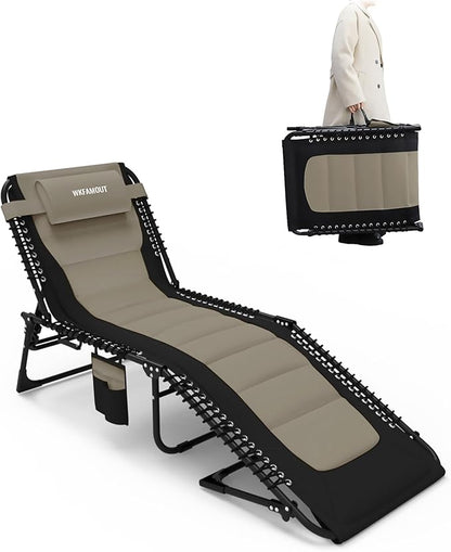 Outdoor Folding Lounge Chair Padded for Adults 264Ibs Patio Chaise Lounge Chair for Outside Adjustable 5-Position Reclining Beach Chair with Pillow Pocket