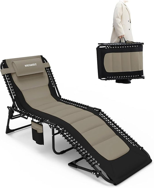 Outdoor Folding Lounge Chair Padded for Adults 264Ibs Patio Chaise Lounge Chair for Outside Adjustable 5-Position Reclining Beach Chair with Pillow Pocket