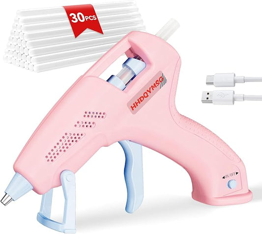 Cordless Hot Glue Gun, 20W Hot Glue Gun with 30PCS Premium Glue Sticks & 1m USB-C Cable, 2000mAh Built-in Battery Suitable for School Craft, Home Repair, DIY (Pink-2000mAh)