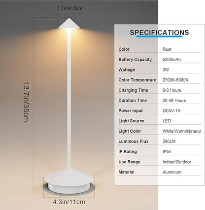 2-Pack 6000mAh Rechargeable Led Table Lamp Cordless,3000K-6000K Stepless Dimming Touch Lamps with Memory Function,IP54 Waterproof Aluminum Table Light for Outdoor/Bars/Restaurant/Patio(White)