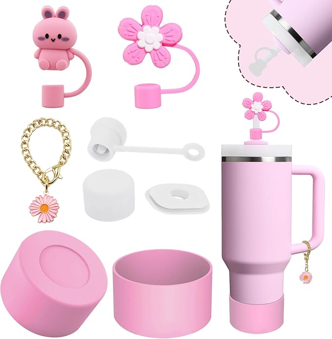 Stanley Cup Accessories Set,Including 2 Pcs 0.4in Straw Cover, 1 Silicone Spill-Proof Stopper Set of 3, 1 Cute Flower Handle Charm, 1 Silicone Boot Fits Stanley 40&30 Oz Tumbler (Lavender Pink)