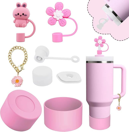 Stanley Cup Accessories Set,Including 2 Pcs 0.4in Straw Cover, 1 Silicone Spill-Proof Stopper Set of 3, 1 Cute Flower Handle Charm, 1 Silicone Boot Fits Stanley 40&30 Oz Tumbler (Lavender Pink)