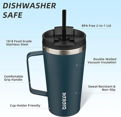 BJPKPK Insulated Tumbler with Handle, 18oz Insulated Tumblers with Lid and Straw, Stainless Steel Metal Water Bottles, Coffee Travel Mugs, Cups, Navy Blue