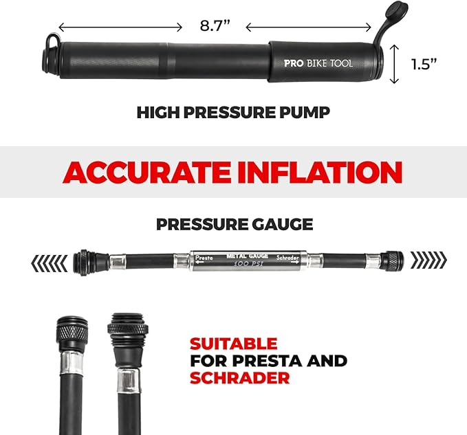 Pro Bike Tool Mini Bike Pump - Compact and Portable Bicycle Tire Pump for Fast Inflation - Compatible with Presta and Schrader Valves - Lightweight and Durable Design - Essential Bicycle Accessories