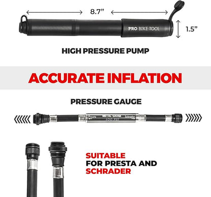 Pro Bike Tool Mini Bike Pump - Compact and Portable Bicycle Tire Pump for Fast Inflation - Compatible with Presta and Schrader Valves - Lightweight and Durable Design - Essential Bicycle Accessories