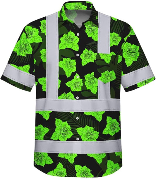 High Visibility Hawaiian Shirt for Men Tropical Shirts Custom Name Floral Outfit Reflective Safety Workwear