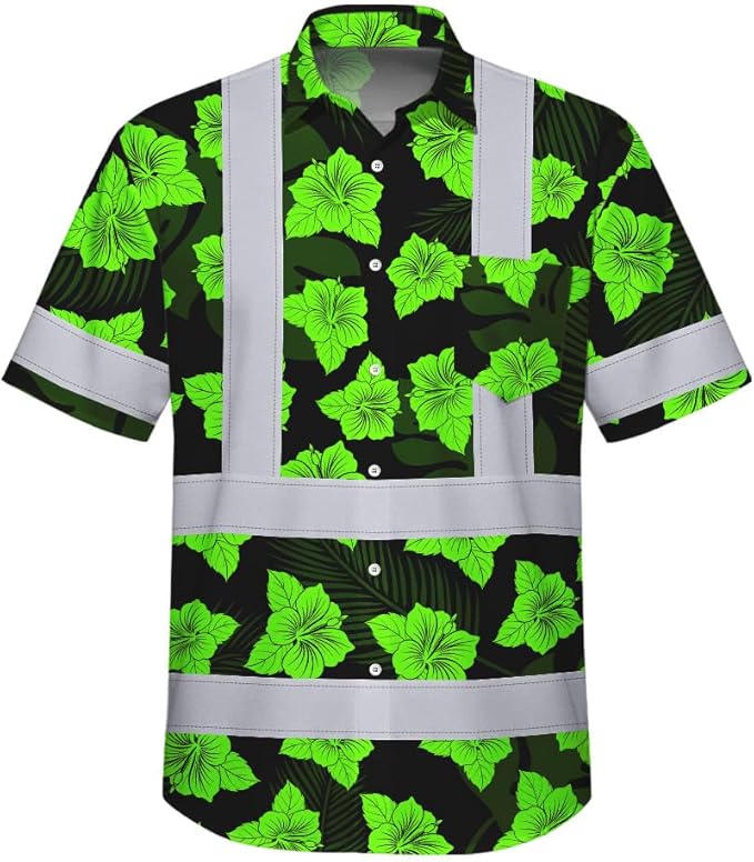 High Visibility Hawaiian Shirt for Men Tropical Shirts Custom Name Floral Outfit Reflective Safety Workwear