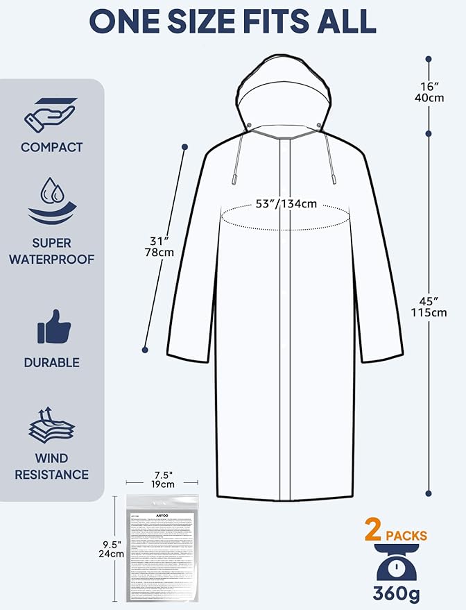 ANYOO Rain Ponchos for Adults Lightweight Reusable Raincoats for Men Women Emergency Rain Jacket with Hood 2 Pack