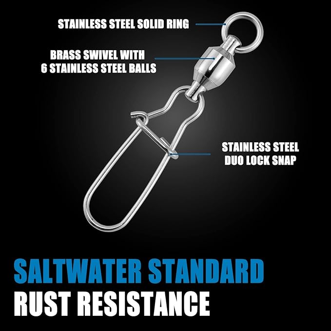 Dr.Fish 20 Pack Ball Bearing Snaps Swivels Fishing Tackles Duo Lock Snaps Stainless Steel Saltwater Freshwater Lure Leader Line Connector