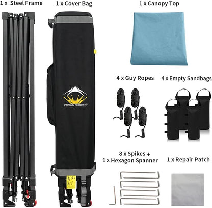 CROWN SHADES 10x10 Pop Up Canopy Tent - Patented Center Lock One Push Instant Outdoor Canopy Beach Tent with STO-N-Go Bag 8 Stakes & 4 Sand Bags，Cyan Blue