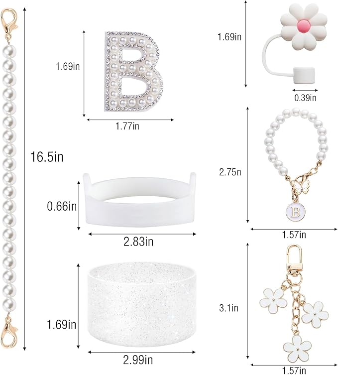 Cup Accessories Set for Stanley- Including Water Bottle Carrying Pearl Strap, Handle Letter Charms Sticker, Siliocne Cup Boot Straw Cover for Stanley 40oz & 30oz Tumbler Accessory Kit B