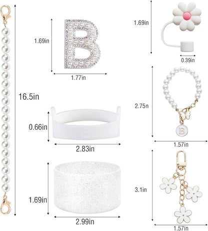 Cup Accessories Set for Stanley- Including Water Bottle Carrying Pearl Strap, Handle Letter Charms Sticker, Siliocne Cup Boot Straw Cover for Stanley 40oz & 30oz Tumbler Accessory Kit B