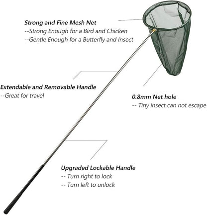 RESTCLOUD Professional Insect and Butterfly Net with 14" Ring, 26" Net Depth, 59" Telescopic Handle Full Extends to 73" Stainless Lockable