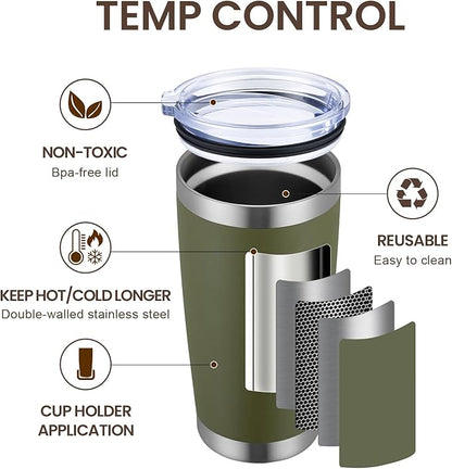 MEWAY 20oz Tumbler 4 Pack Double Wall Vacuum Insulated Travel Mug Bulk, Stainless Steel Tumblers with Lid and Straw, Durable Powder Coated Coffee Cups for Cold & Hot Drinks (Army Green, 4)