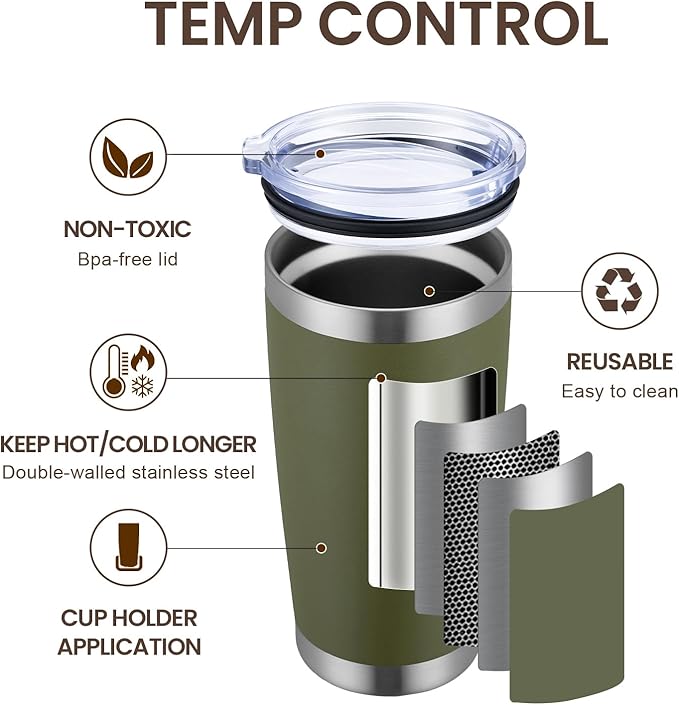 MEWAY 20oz Tumbler 12 Pack Double Wall Vacuum Insulated Travel Mug Bulk, Stainless Steel Tumblers with Lid and Straw, Durable Powder Coated Coffee Cups for Cold & Hot Drinks (Army Green, 12)